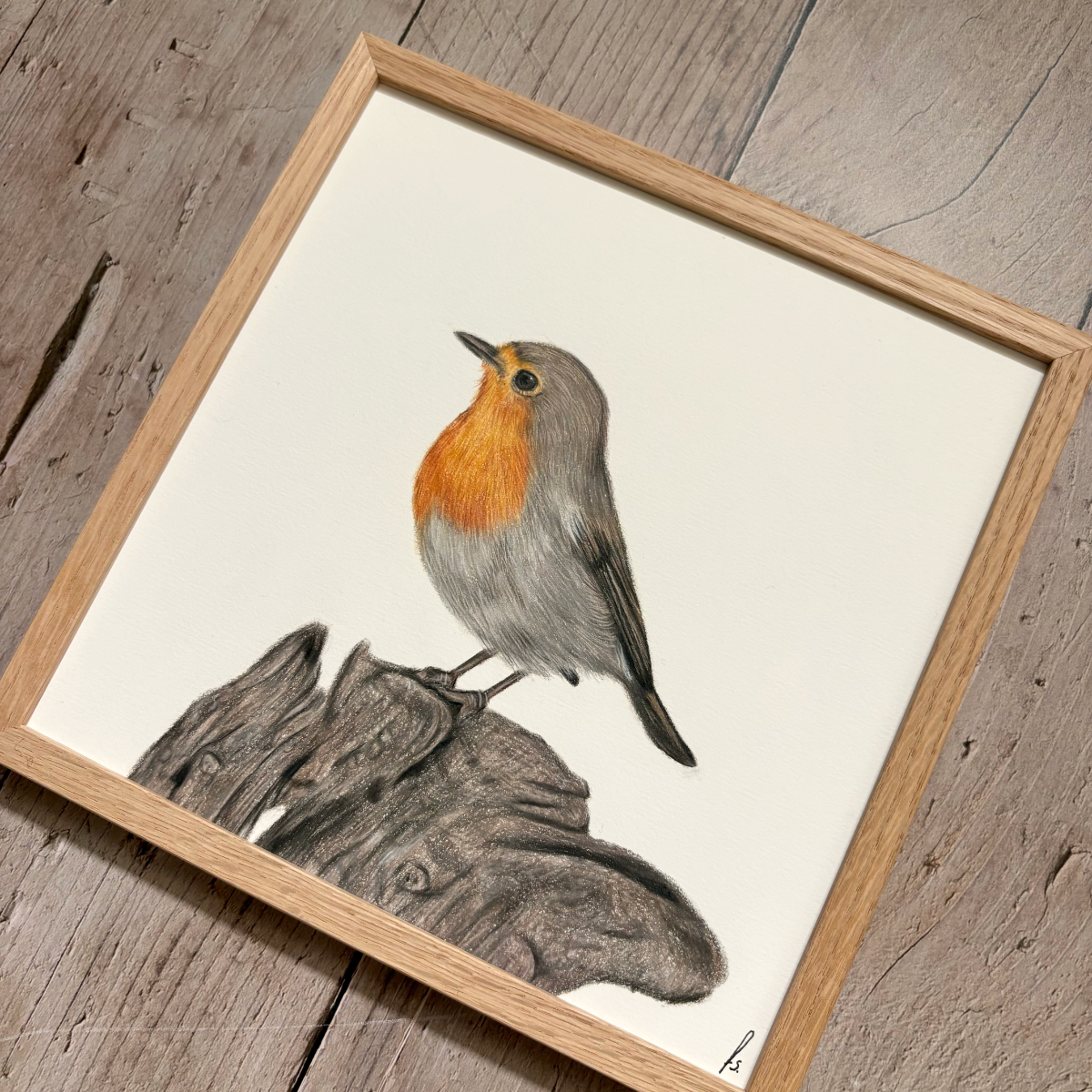 Originele tekening | Roodborstje op hout